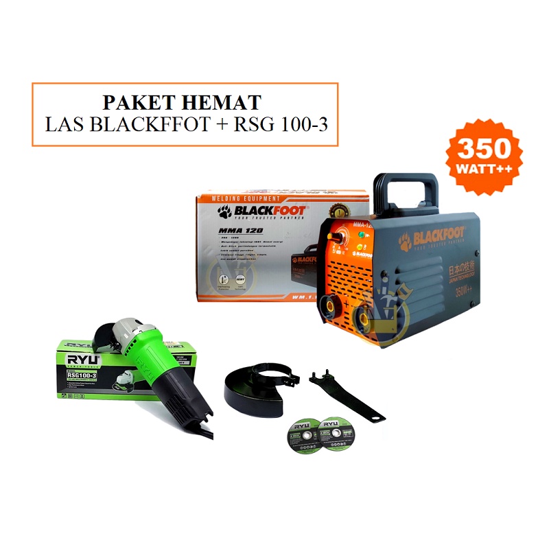 PAKET Hemat 3 ITEM Mesin Las 350 Watt 120A BLACKFOOT 120 A Trafo Travo Las + Mesin Gerinda 4 inch RSG 100-3  + Bor Ryu 10 mm RDR 10-3