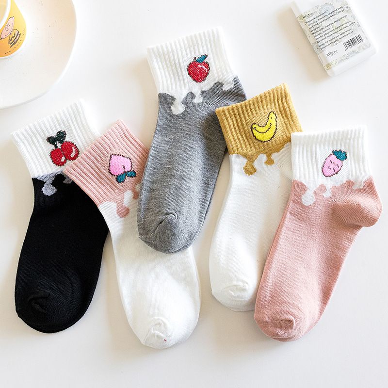 [littlecrab] Kaos Kaki Buah Warna Pastel Soft Lembut Kaos Kaki Lucu Simple Berkualitas Cute Fruit Banana Cherry Strawberry Women Socks Kaos Kaki Panjang High Quality Korean Style