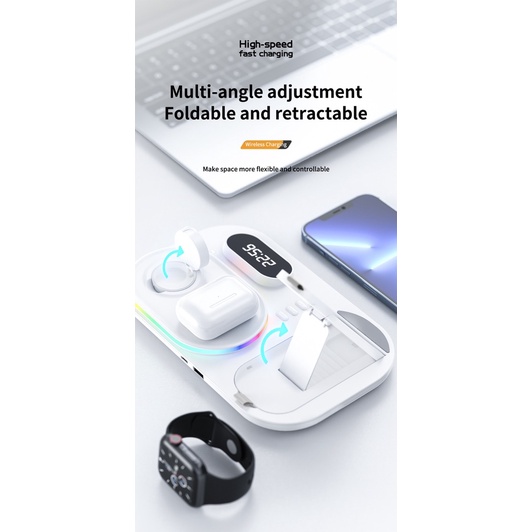 ELAVO Dock charging RGB Lampu Led wireless charger hp iphone 11 12 13 Pro max samsung note s20 apple watch series 1 2 3 4 5 6 SE airpods earbuds galaxy standing Foldable travel jam meja