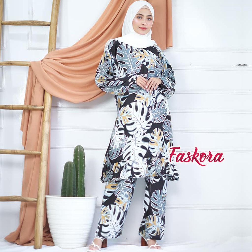 Setelan Tunik Jumbo XXL Celana Panjang Daun - One Set Tunik Rayon - Tunik Wanita Terbaru