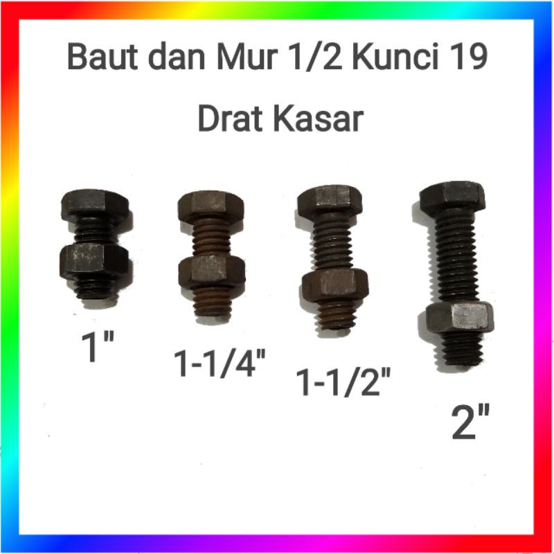 Baut dan mur 1/2&quot; inci hitam kepala kunci 19 drat kasar