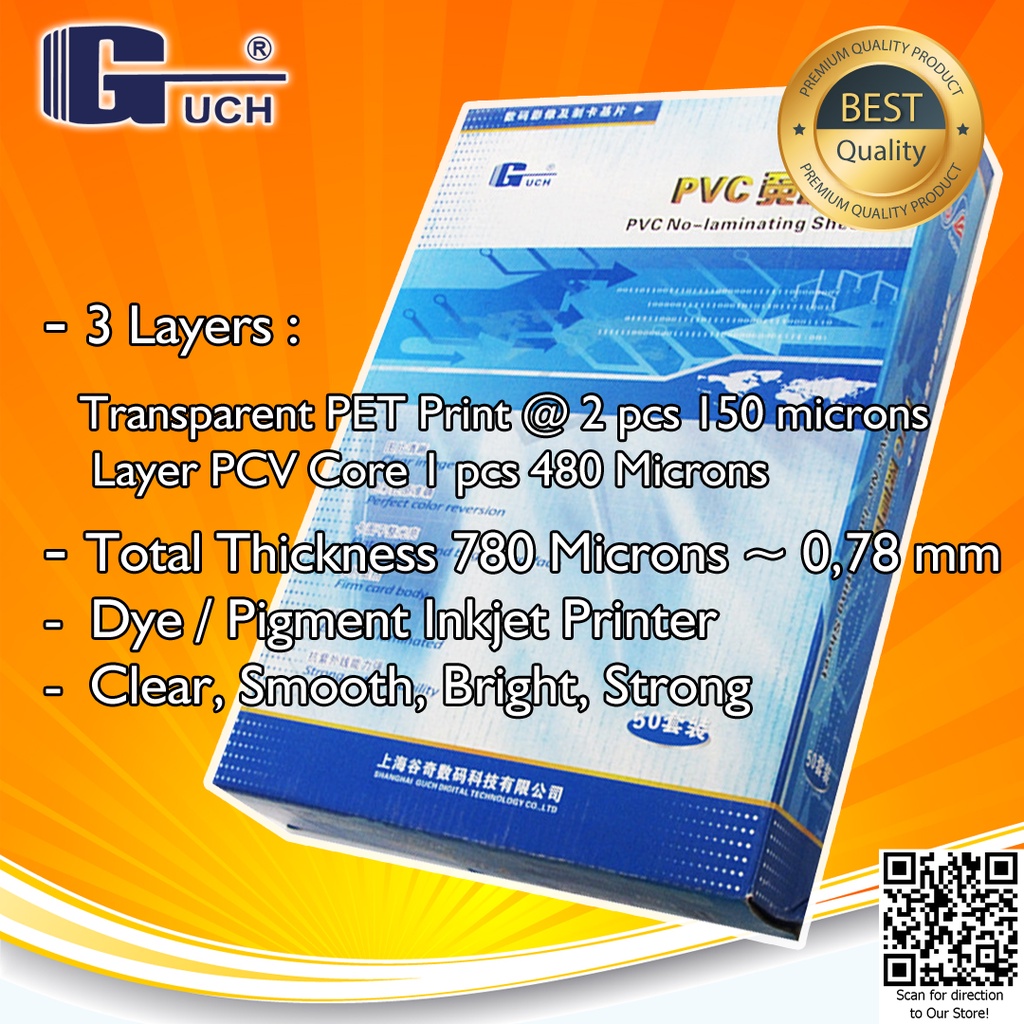 GUCH PVC ID CARD PET Instant Printer Inkjet A4 0,76 mm Dye Pigment Member Card / ATM / Kartu Anggota Pack isi 50 Set