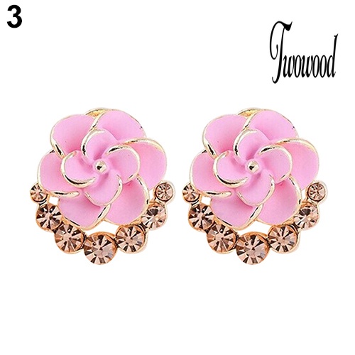 Anting Stud Desain Bunga Peony Camellia Bahan Alloy Aksen Berlian Imitasi Untuk Wanita