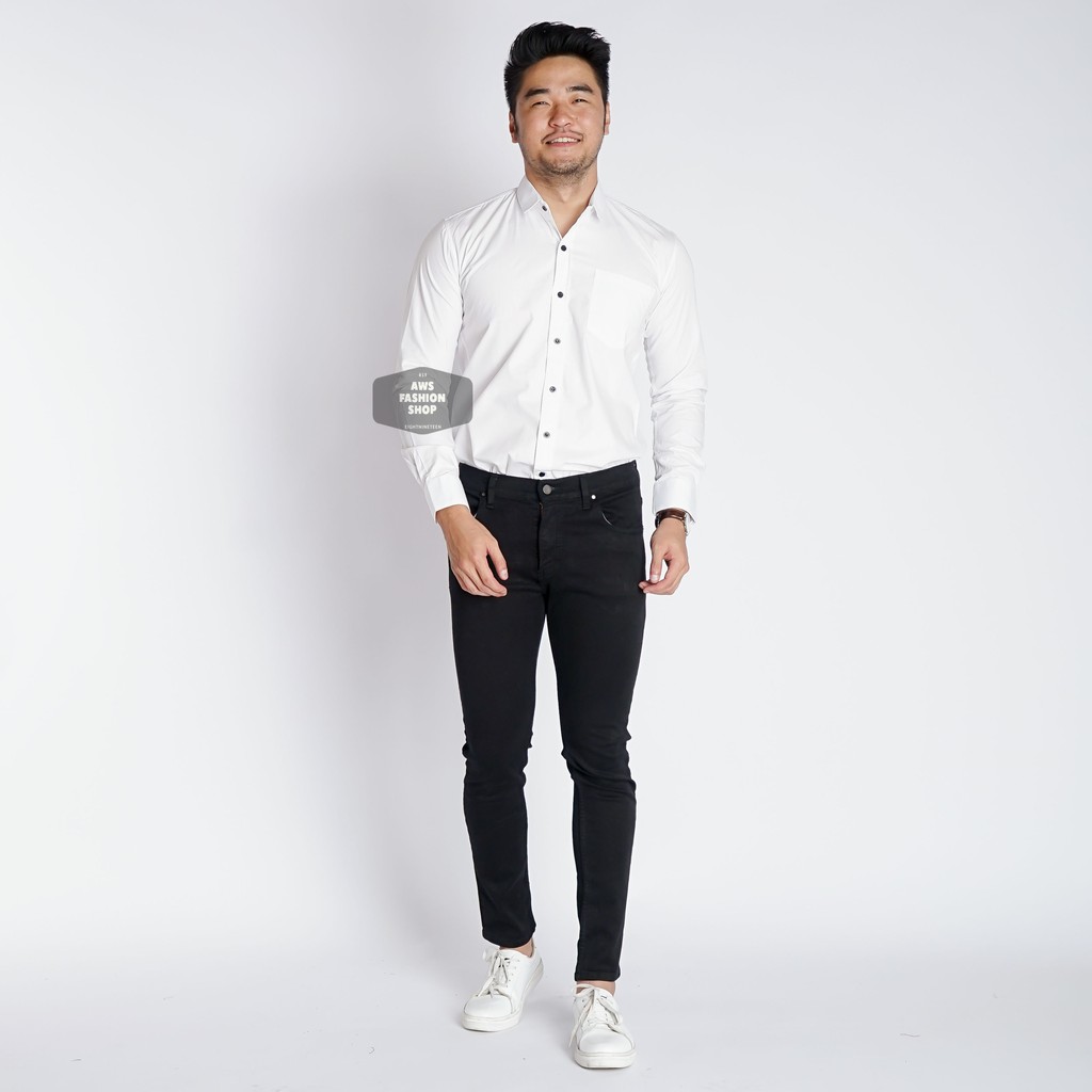 Kemeja Pria Lengan Panjang Putih Polos Kancing Hitam Kemeja Cowok Keren Casual Slimfit 3261