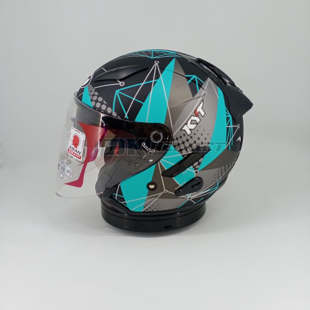 Helm Half Face KYT Galaxy Slide Flat R Motif Seri 6 Matrix Black Matt Aqua Blue Double Visor Biru Hi