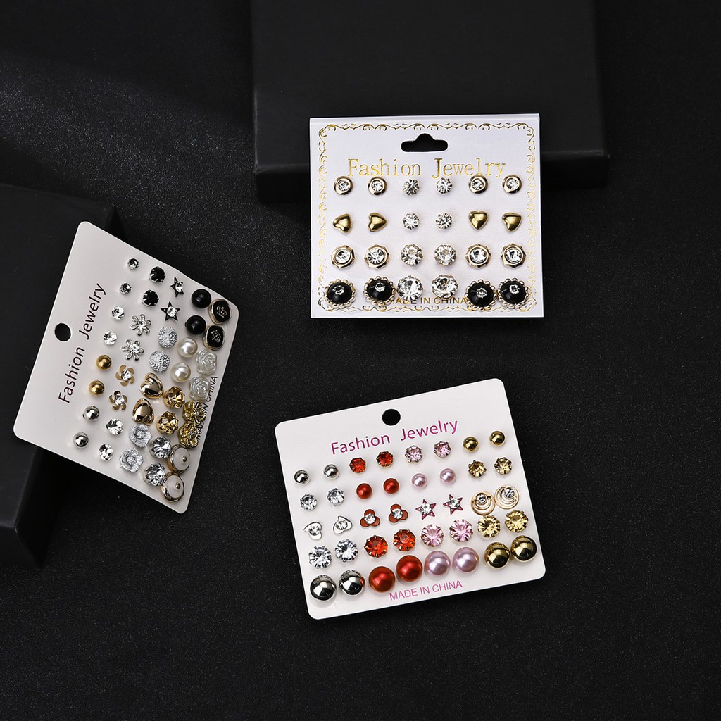 20 Pasang / set Anting Tusuk / Bulat / Bulat Aksen Mutiara + Berlian Imitasi Warna Hitam / Putih Untuk Wanita