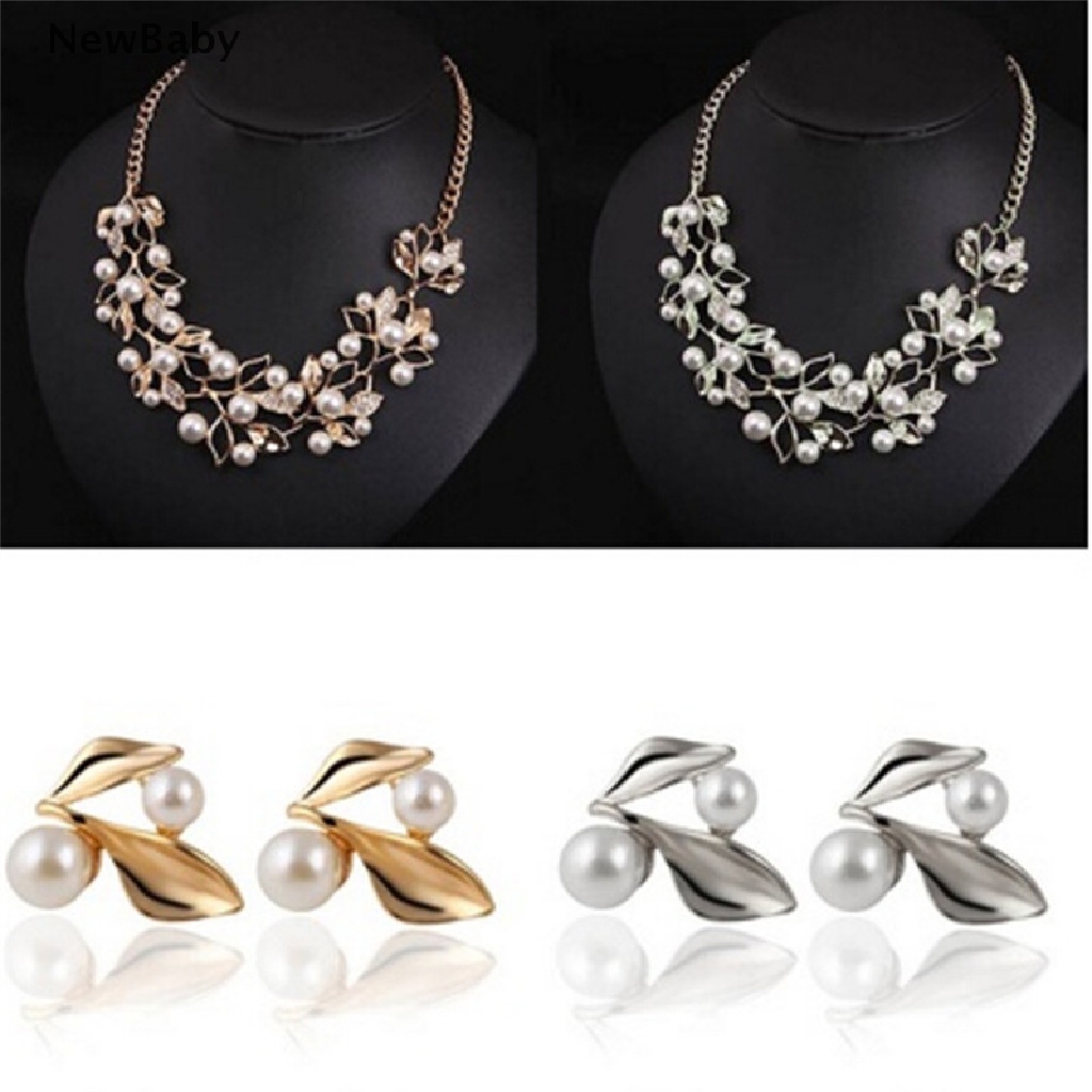 NewBaby Pearls Crystal Tree Leaves Necklace Earring  Elegant Ladies Luxury Jewelry Set  ID