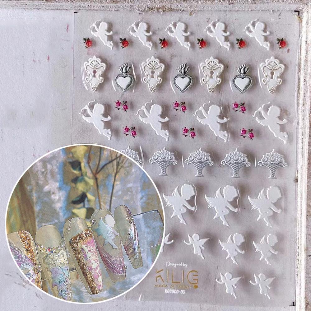 AUGUSTINA Agustin 5D Timbul Kuku Stiker Salon Elegan Retro Rococo DIY Manicure Aksesoris Cupid Nail Art Dekorasi
