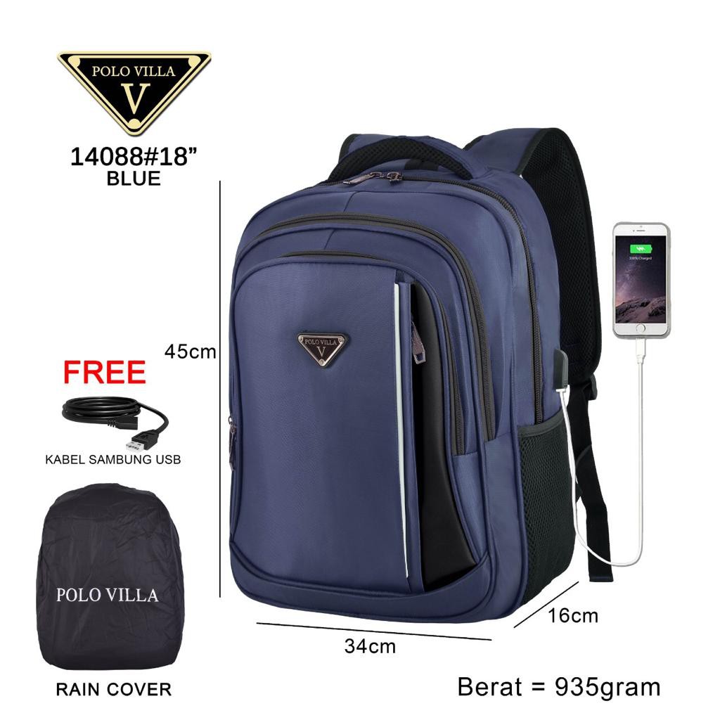 Tas Ransel Sekolah Backpack Polo Villa 14088 Tas Fashion (Free Rain Cover + Kabel Extension USB)