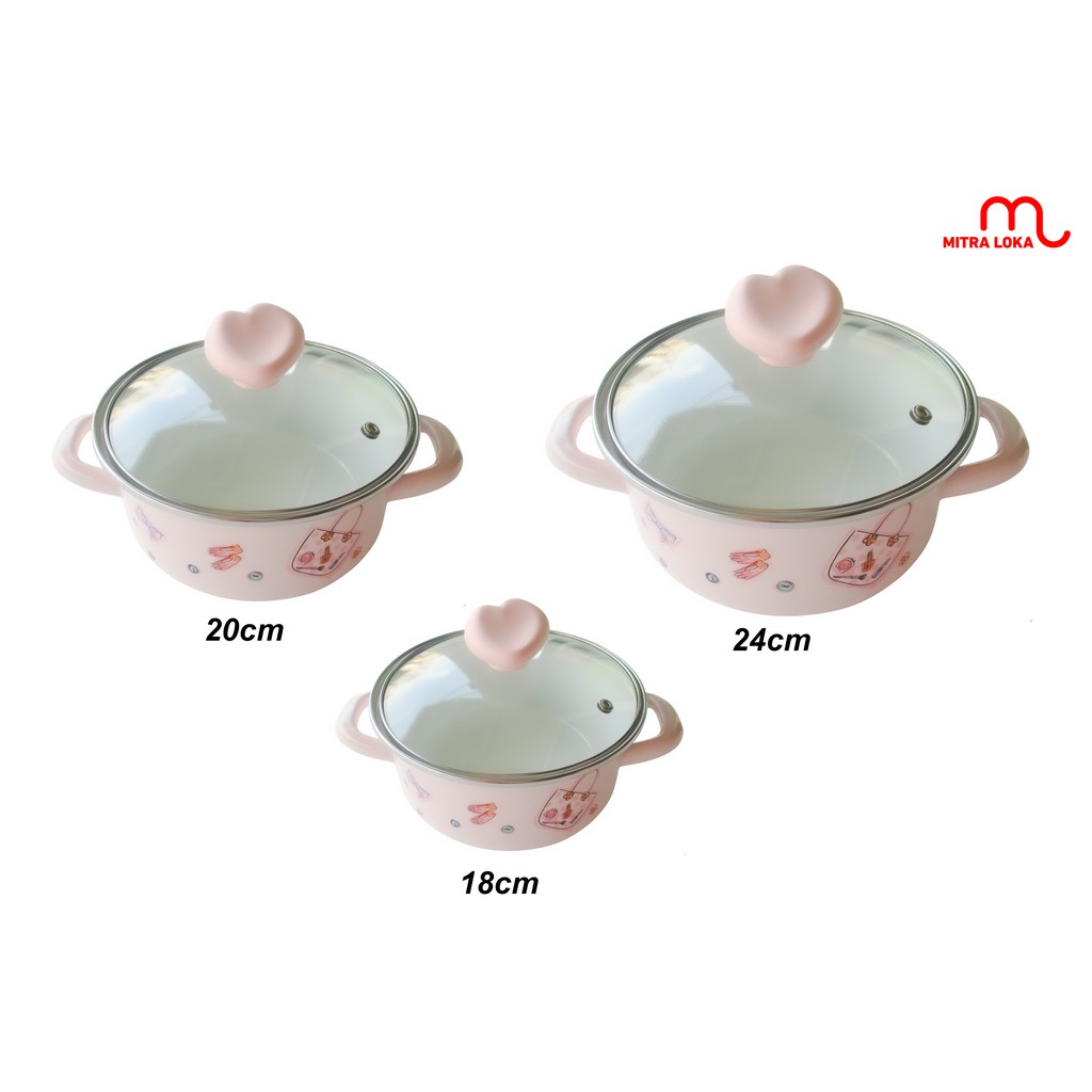 Mitra Loka Panci Enamel Tutup Kaca Set 3 Ukuran 18cm 20cm 24cm Chefina
