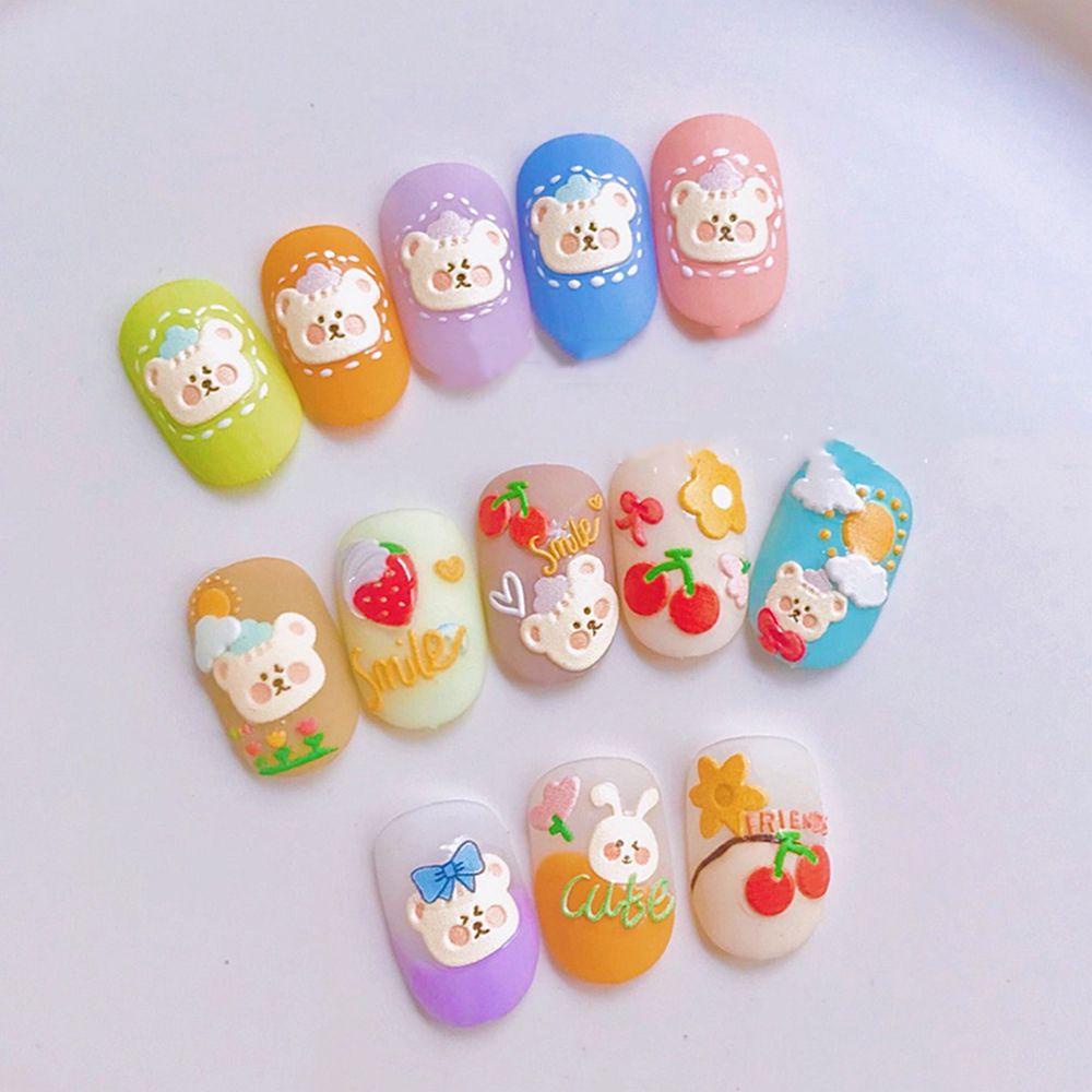 Rebuy Animals Nail Art Stiker Kartun Relief Floret Strawberry Aplikasi Beruang Kecil Manicure Aksesoris