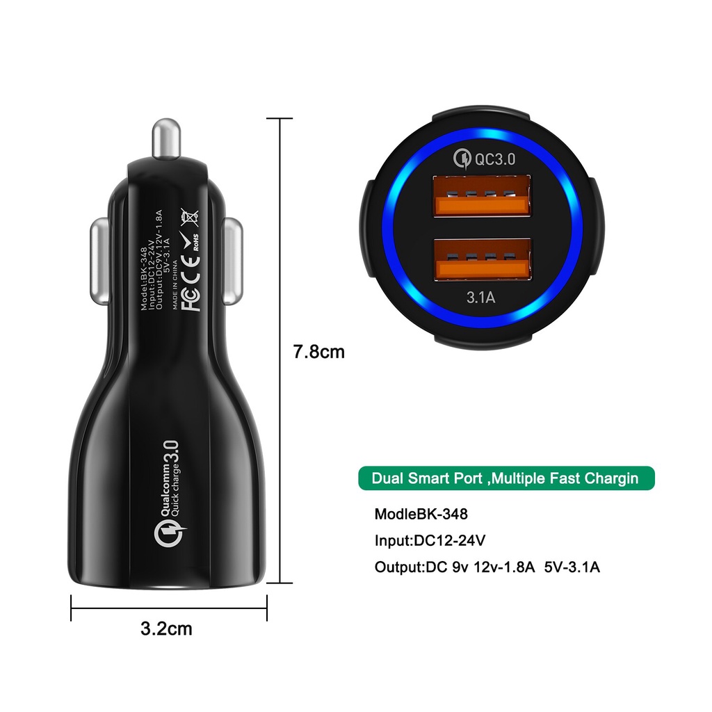 FAST CHARGING CHARGER MOBIL 2 PORT USB QC 3.0 MODEL BK-348 ORIGINAL