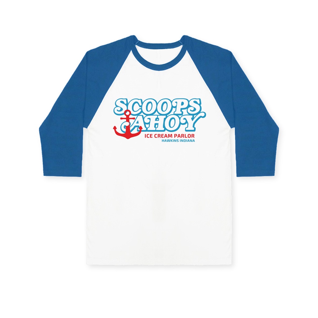 Scoops Ahoy Raglan Tee 3/4 Sleeve Base Ball Tee Scoops Ahoy Ice Cream Parlor Stranger Things Kaos Ra
