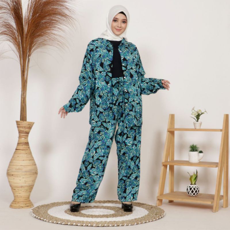setelan piyama / kemeja bali lengan panjang motif daun