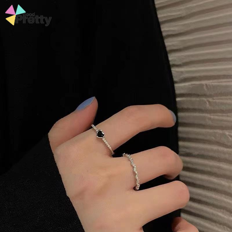 2Pcs Cincin Jari Telunjuk Bahan Zirkon Warna Hitam Untuk Wanita - PD