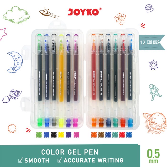 

TULIS-ALAT- COLOR GEL PEN / PULEPEN / PENA JOYKO GPC-247S / 12 WARNA / 0.5 MM -ALAT-TULIS.