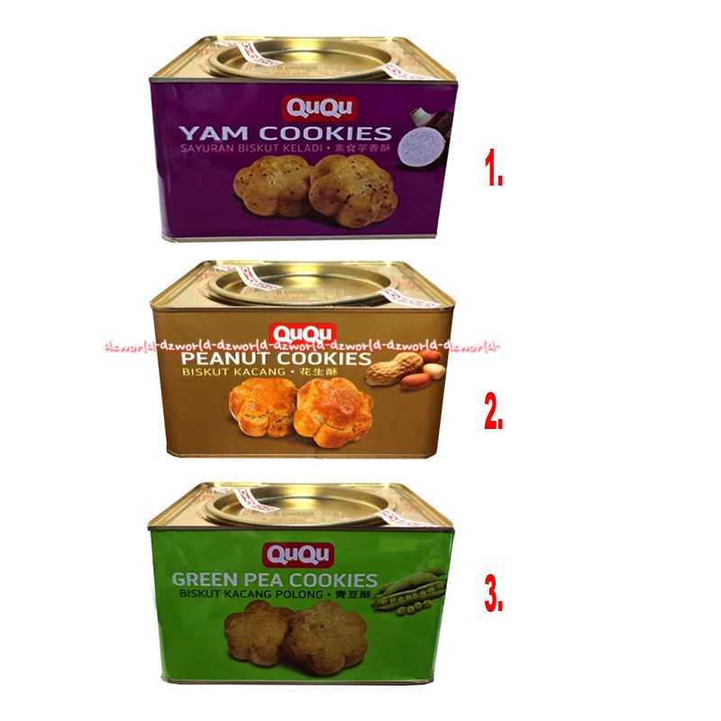 Ququ 700gr Yam Cookies Peanut Cookies Green Pea Cookies Cemilan Snack Biskuit Rasa Kacang Polong Sayuran Biskuit Keladi Kemasan Kaleng Ququ Quku 700 gram