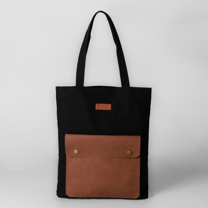 One Pocket Tote Bag Kanvas Penutup Resleting Kombinasi Kulit