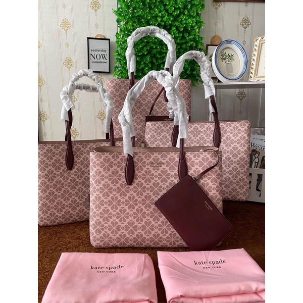 Kate spade all day spade flower coated large tote pink multi with pouch kecil size 37x14x27 cm)