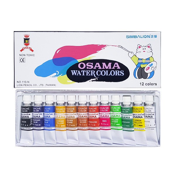 

CAT AIR SET OSAMA SIMBALION 12 WARNA 110-N WATERCOLOR PAINT LUKIS KANVAS KERTAS GROSIR ECER MURAH LUSIN