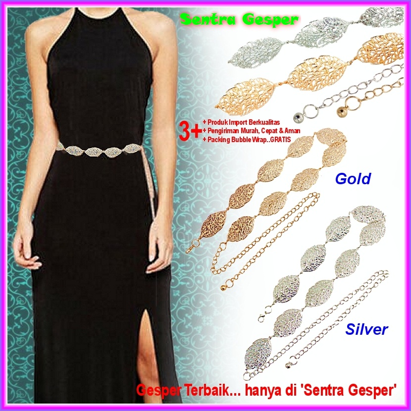 Sabuk Belt Daun Gesper Rantai Wanita Ikat Pinggang Rante Fashion Korea Cewek Obi GOLD aksesoris mode