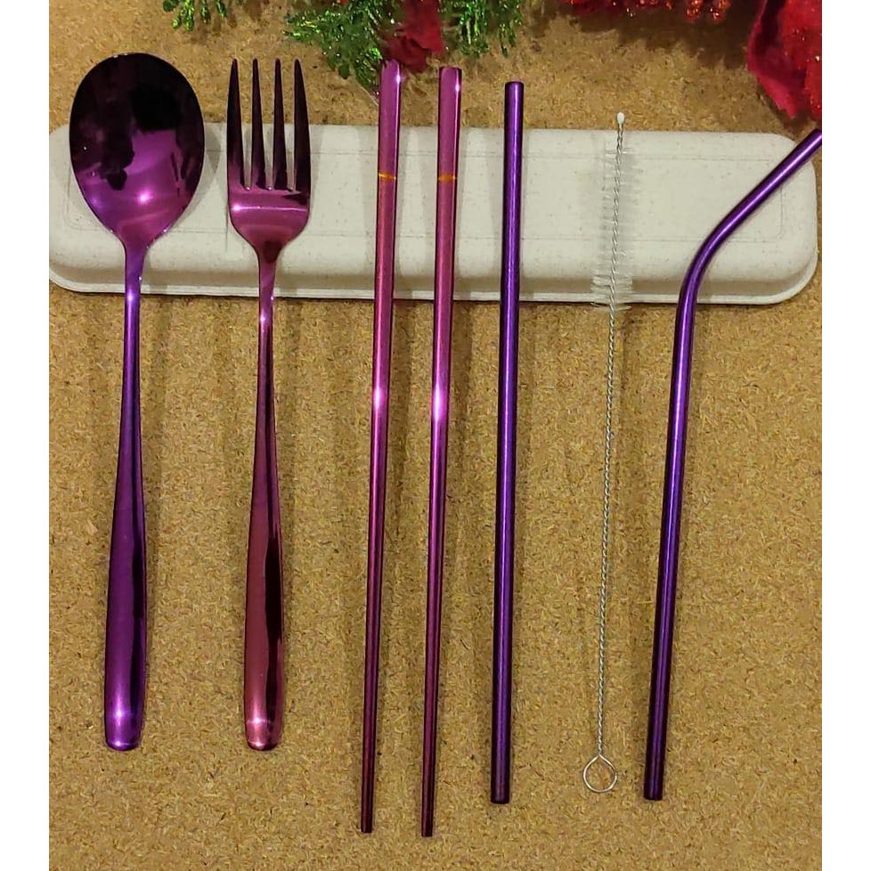 Alat makan set unik warna Pink / sedok stainless steel set korea 5in1