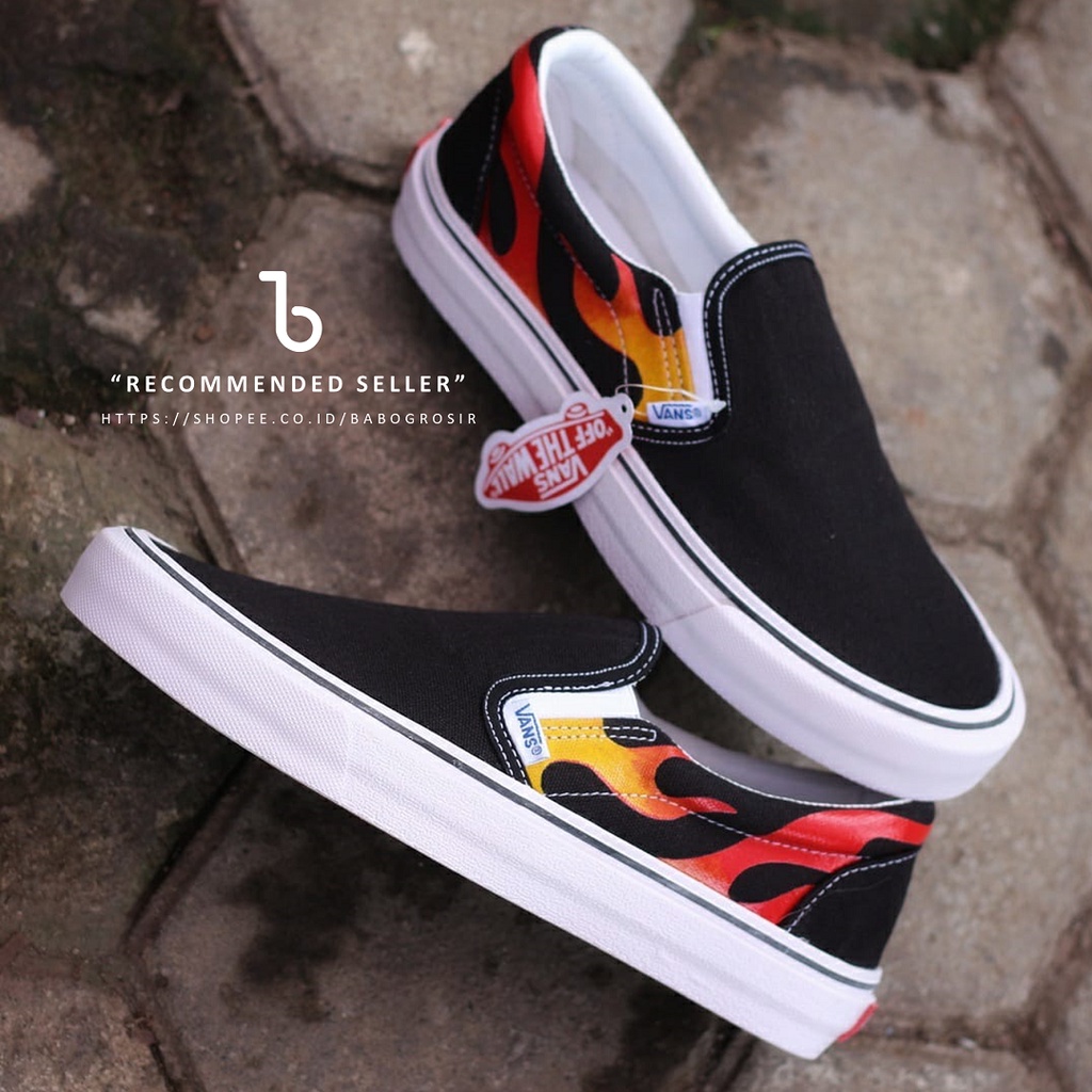 PROMO Sepatu Vans Slip On Flame White Premium Import Quality. Kualitas Mewah 100% Real Pict Foto dan Video