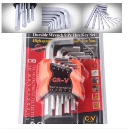 Kunci L Set 9 in 1 Hexa Pendek CRV / Kunci Heksagonal / Kunci Allen / Hex Key Wrench Set