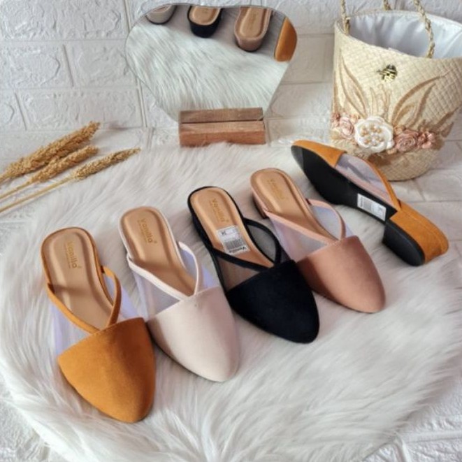 Bryan Axora Mules Style Heels 3cm Suede Beludru Hak Tahu Jala Nyaman Transparant Basic Bustong