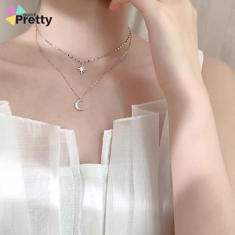 Kalung Rantai Double Layer Bentuk Bulan Bintang Untuk Wanita - PD