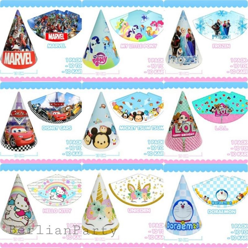 Topi Kerucut / Topi Ulang Tahun Anak / Topi Pesta / Topi Kerucut Karakter Terbaru