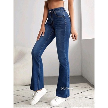 Celana Jeans Wanita HW Flared / Cutbray Jeans High Waist Whisker streach - DARK BLUE