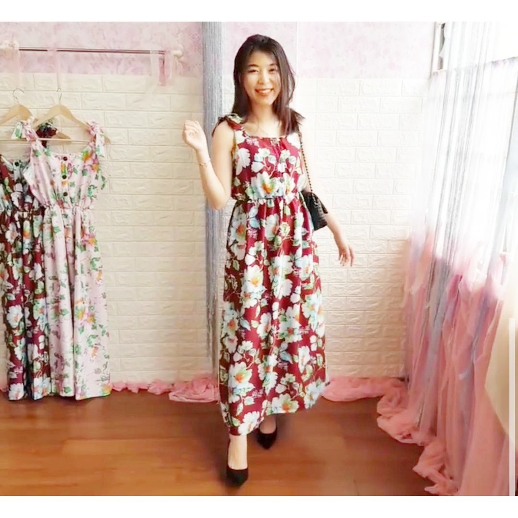 [baju wanita korea]  Long Dress Maxi Bunga Vintage Wanita Korea Import