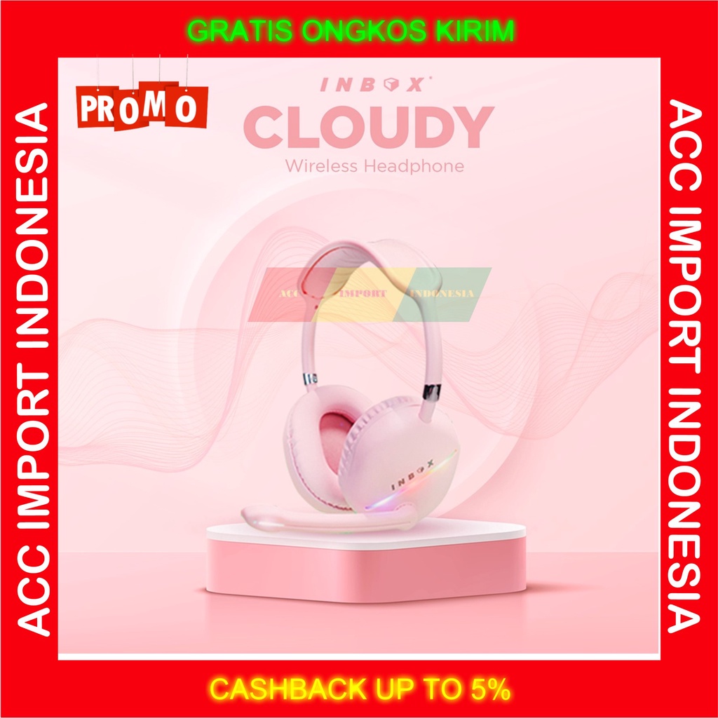 Headset Gaming Headphone Bluetooth Inbox Cloudy Pink Lucu Wireless MIC