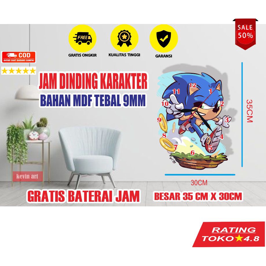 JAM DINDING KARAKTER SONIC UNIK BESAR KAYU VINTAGE SOUVENIR JAM CAFE Kevinart MINIMALIS MODERN MEWAH KEREN KOLEKSI ANIME