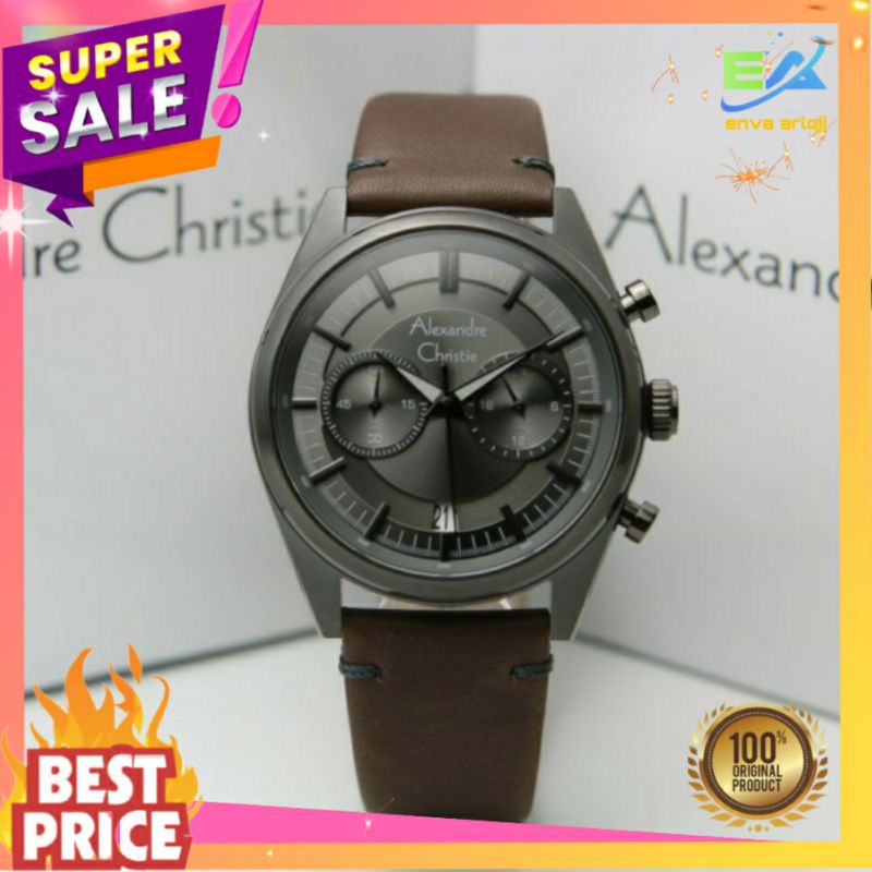 JAM TANGAN ALEXANDER CHRISTIE PRIA ORIGINAL AC 6571 TERBARU TALI KULIT ORI MURAH COWOK BLACK BROWN