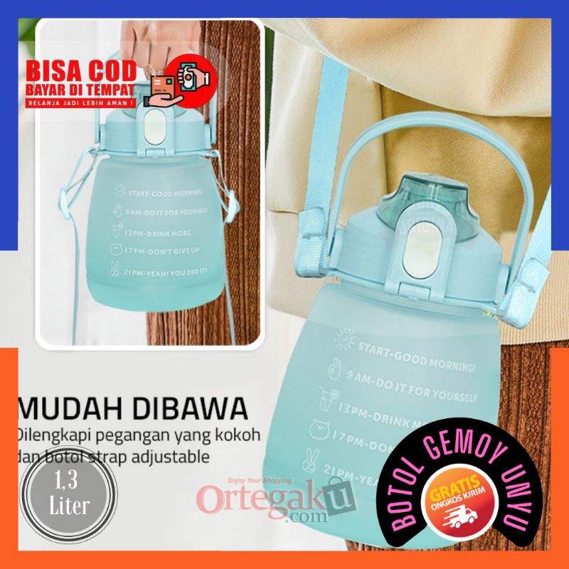 Botol Viral Gemoy Free Stiker Uk 1,3 Liter | Botol Motivasi Bening | Botol Minum Anak Terdapat Tali 
