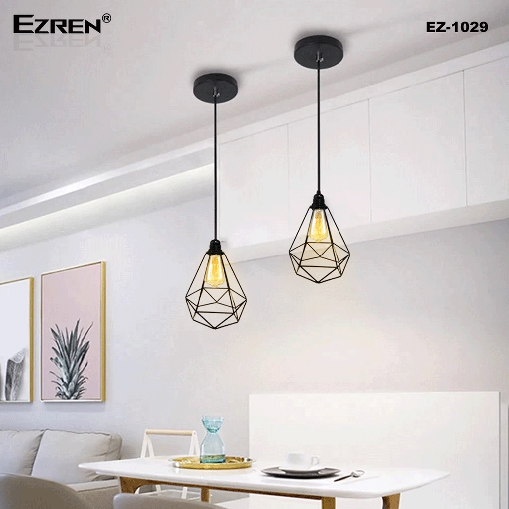 Ezren EZ-1029 Lampu Gantungan Diamond Kandang Loteng Retro Besi Hitam