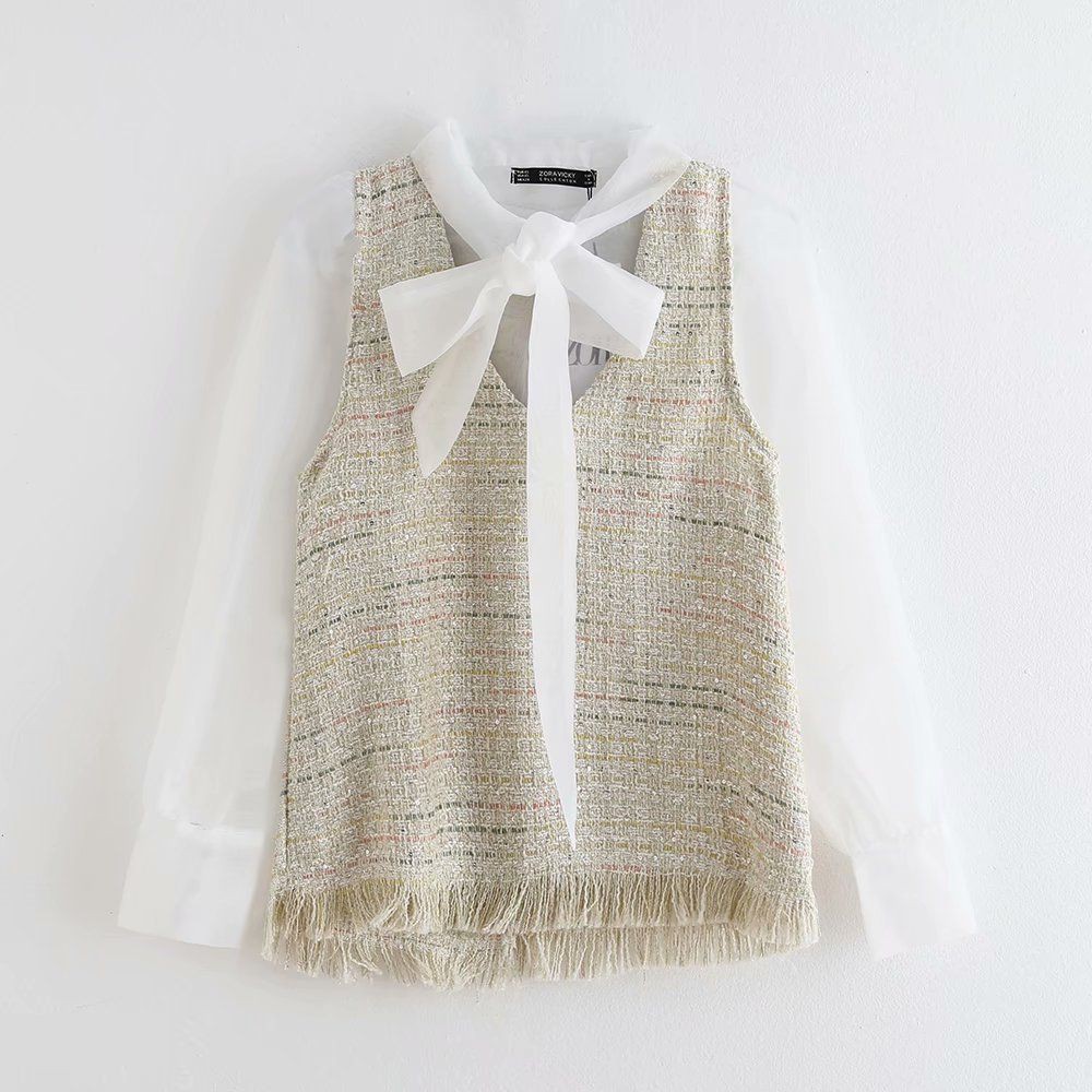 Blouse Wanita warna Putih Lengan Panjang Casual Blouse Korea Beige Tweed Organza Blouse