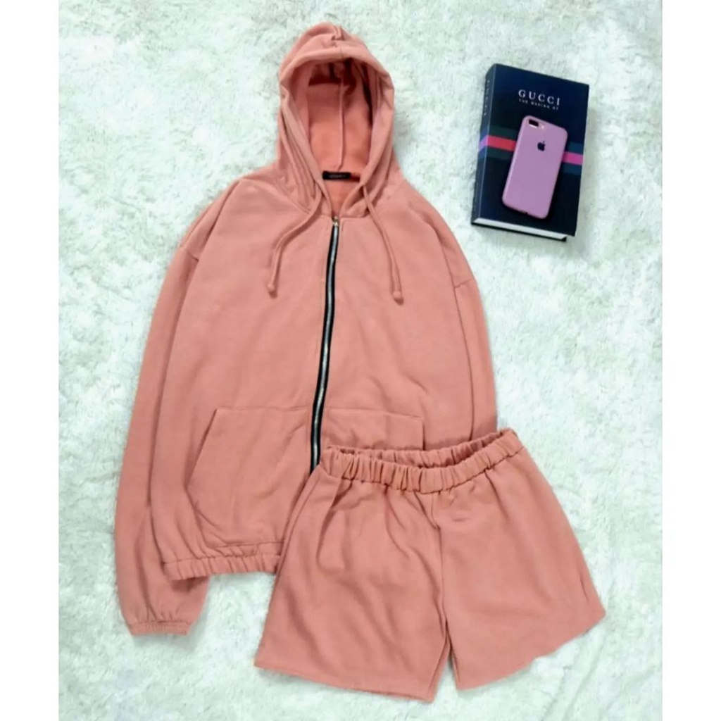 Joy Oneset Jaket + Short Pants Korean Style Setelan Wanita Fleece Premium