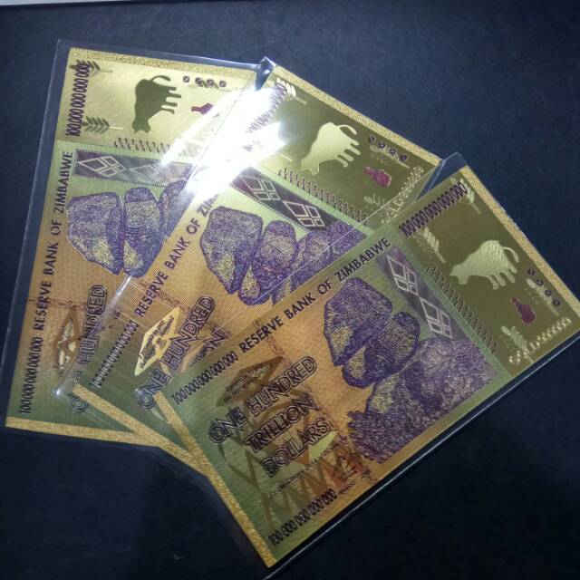 Gold Foil uang Zimbabwe pecahan 100 Triliun warna kuning