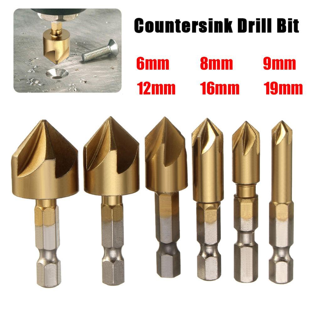 6pcs Chamfer Countersink Set Chamferring Tool Hexagonal Shank Titanium Coated Five Flutes Countersink Drill Bit