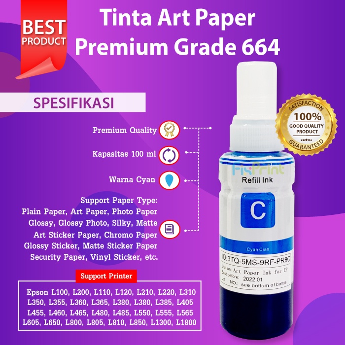 Tinta Art Paper 100ml Artpaper Epson L120 L121 L555 L565 L800 L805 L810 Black Cyan Magenta Yellow