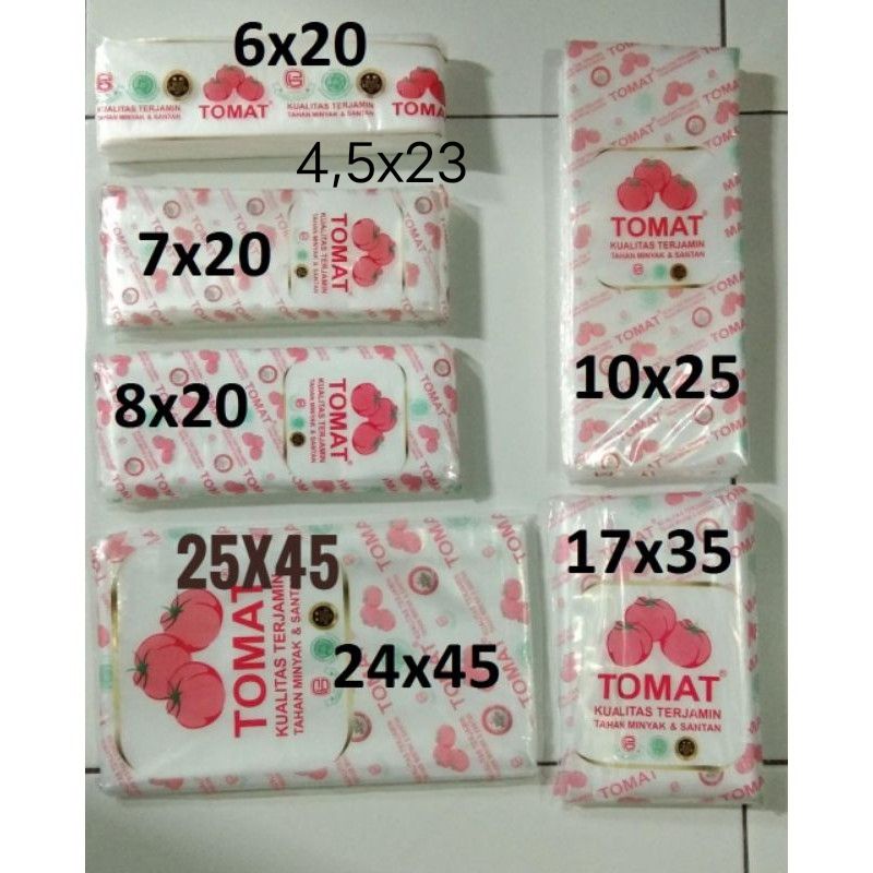 Plastik PE Tomat 4,5x23-6x20-7x20-8x20-10x25-17x35-25x4 /plastik es mambo lilin gula santan minyak