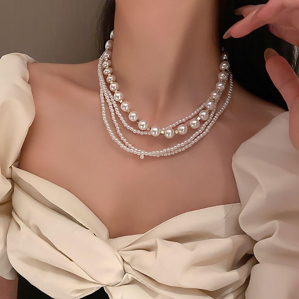 Mxbeauty Kalung Mutiara Temperamen Elegan Gaya Keren Multilayer Wanita Choker Alloy Gaya Korea Kalung