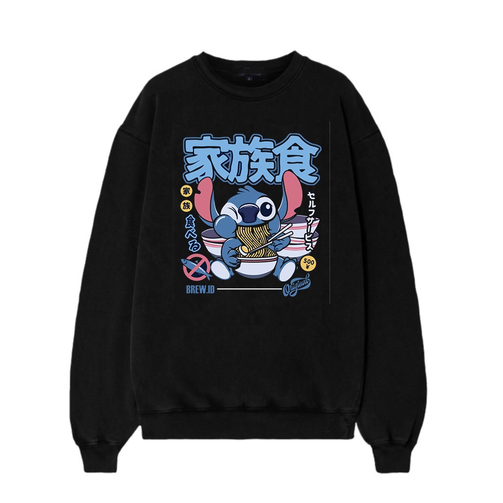 BREW ID - Crewneck Black Motif STICH RAMEN Pria dan Wanita Premium Quality