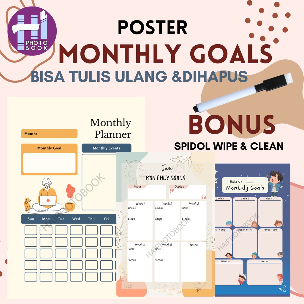 

Planner Dinding monthly planner montly planner note & goal list simple free 1pcs spidol wipe & clean