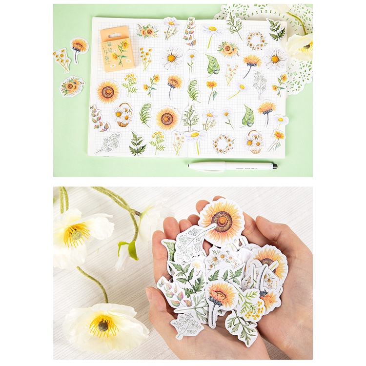 46pcs/set Stiker Motif Bunga Matahari Dan Daun Dengan Perekat Untuk Scrapbook