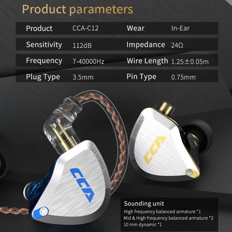 CCA C12 Earphone 6 driver 5BA +1 DD metal faceplate