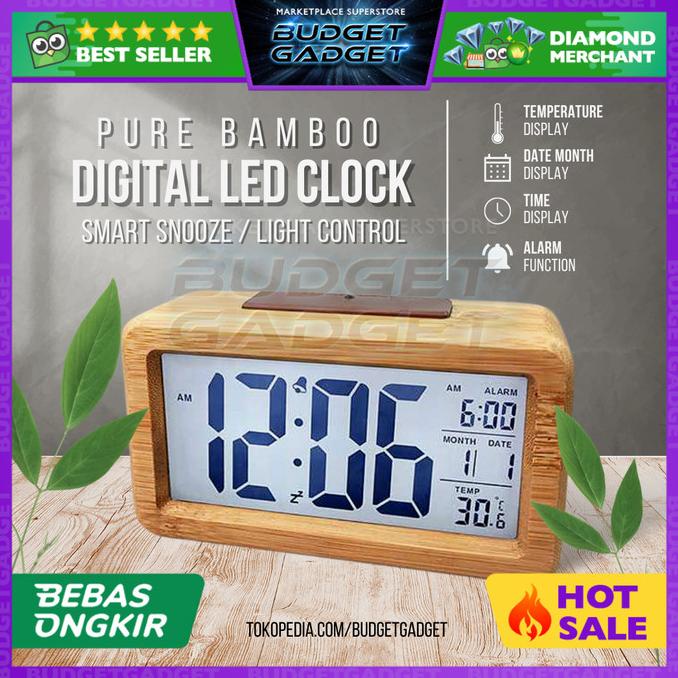 Lovin Jam Meja Digital LED Kayu Bamboo Wooden Alarm Clock Temperature